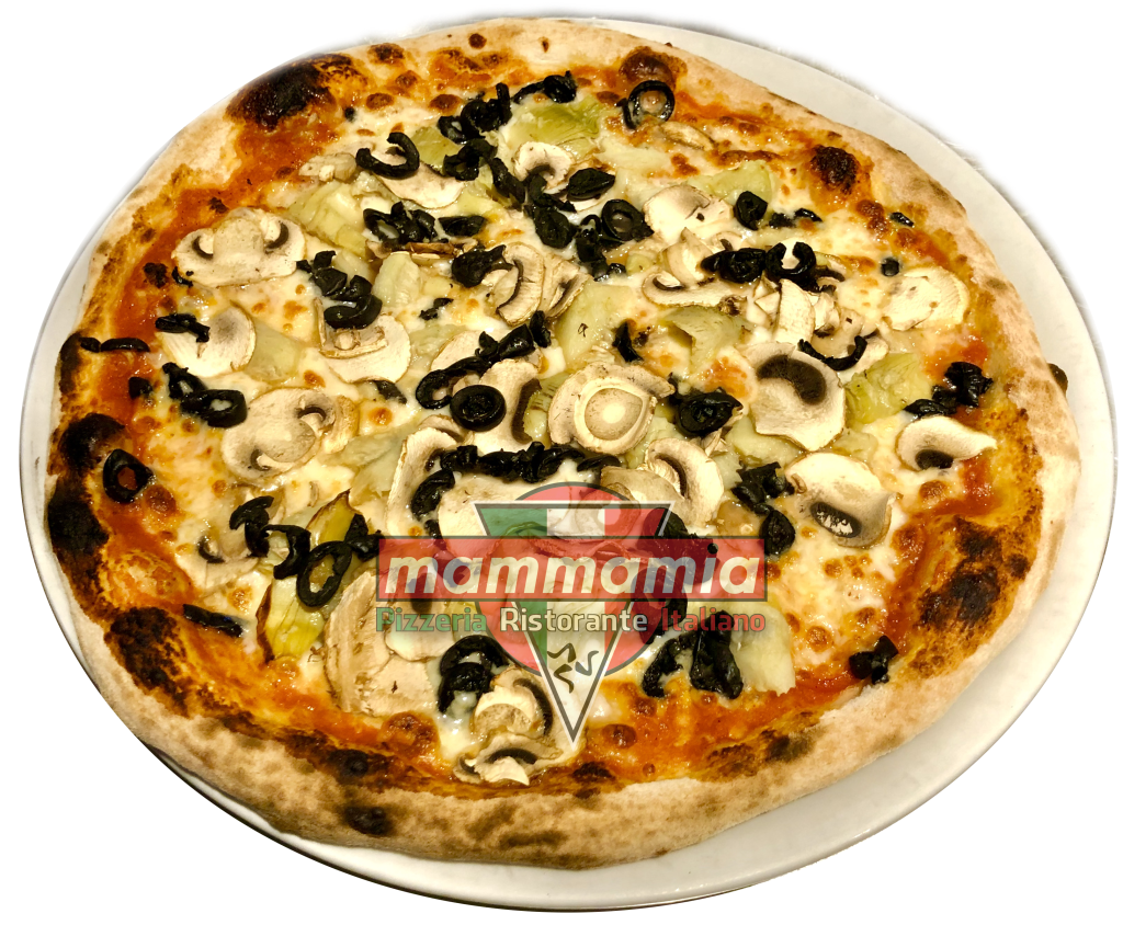 pizza 4 stagioni: tomate mozzarella alcachofas champiñones olivas